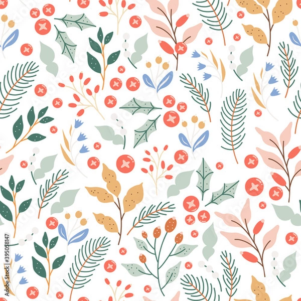 Fototapeta Elegant winter foliage seamless vector pattern design.