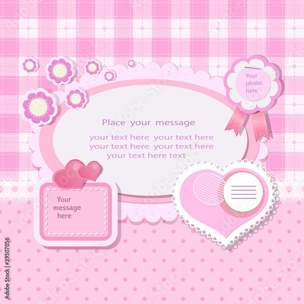 Fototapeta Pink background with scrapbook elements in vintage stile.