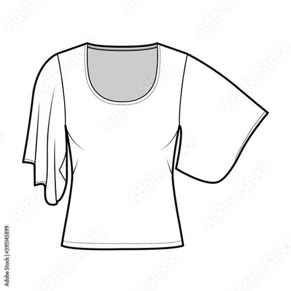 Fototapeta Top with elbow kimono sleeves technical fashion illustration with relax fit, under waist length, round neckline. Flat apparel blouse template front, white color. Women men unisex shirt CAD mockup