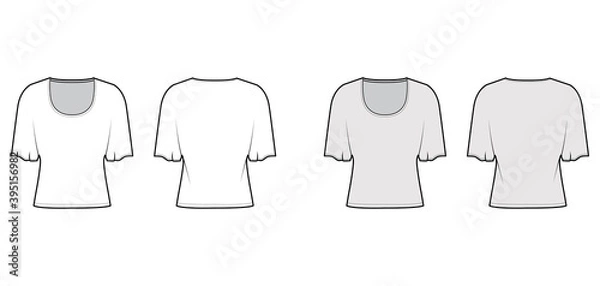 Fototapeta Top with elbow batwing sleeves technical fashion illustration with relax fit, under waist length, round neckline. Flat apparel blouse template front, back white grey color. Women men shirt CAD mockup