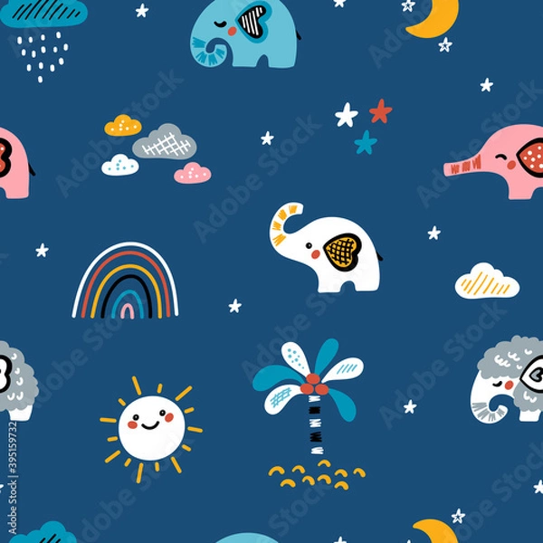 Fototapeta Cute Elephants Vector Seamless Pattern. Weather Elements, Baby Elephants and Little Mammoth. Doodle Cartoon Animals. Colorful Background for Kids. Children's wallpaper