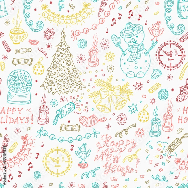 Obraz New Year seamless pattern. Happy New Year. Happy winter holidays. Merry Christmas. Hand Drawn Doodles illustration.