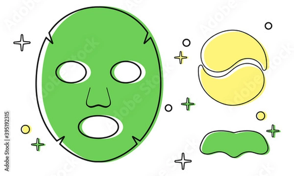 Fototapeta Face mask sheet, eyes and nose patch, skin care icons set. Beauty linear image on white background. Editable vector illustration