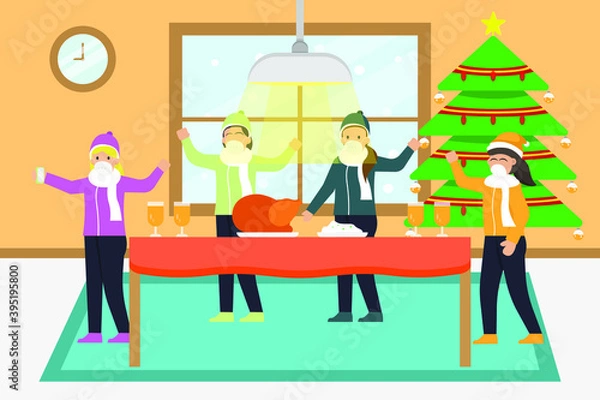 Fototapeta Christmas vector concept: Group of friends having dinner while celebrating christmas day at home