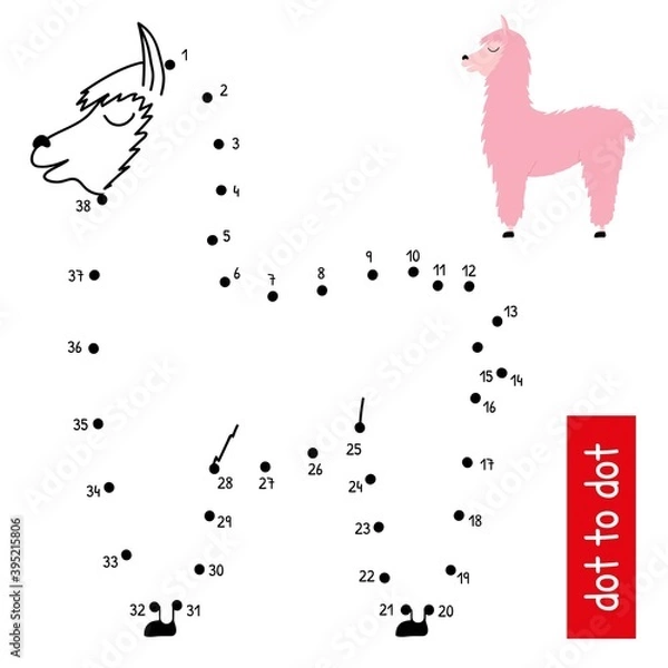 Fototapeta Educational vector illustration of numbers game with cute llama. Connect the dots in order. Coloring book page with color pattern.