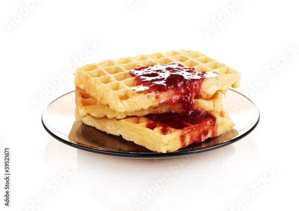 Fototapeta Tasty waffles with jam on plate isolated on white
