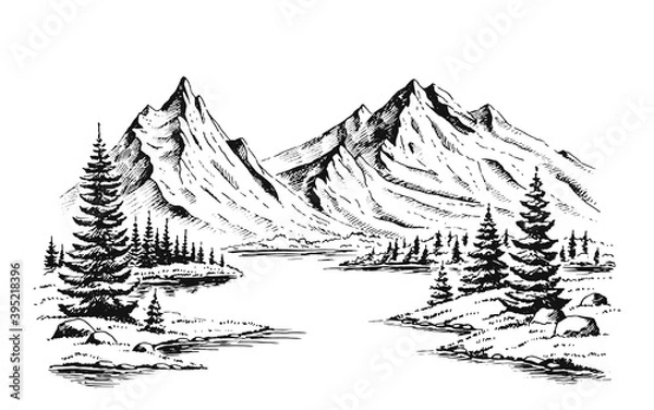 Obraz Hand drawn vector nature illustration with mountains and forest on first view. Using for travel and nature background and card