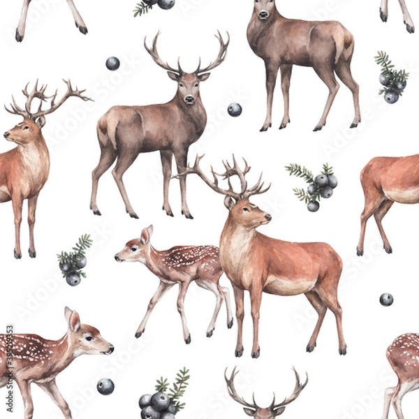 Fototapeta animal sketch pattern with deers and dark forest berries forest inhabitant winter and New Year theme watercolor drawing on white background