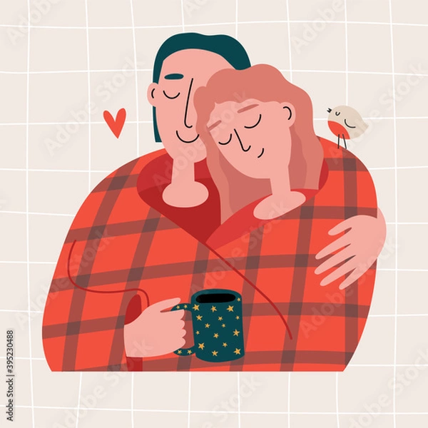 Fototapeta Hand-drawn vector illustration of couple in love hugging under a red plaid with a cup of tea isolated on beige background. Illustration in cartoon style. For greeting card and another print design.
