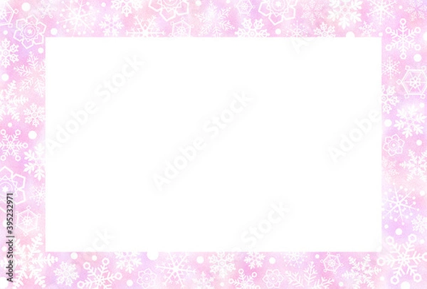 Fototapeta 雪の結晶が散りばめられた和紙風のフレーム　ピンク　はがきサイズ