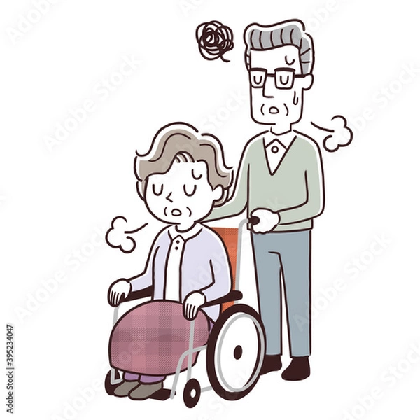 Fototapeta ベクターイラスト素材：車椅子に乗るシニア女性を押して散歩する若い女性、落ち込む
