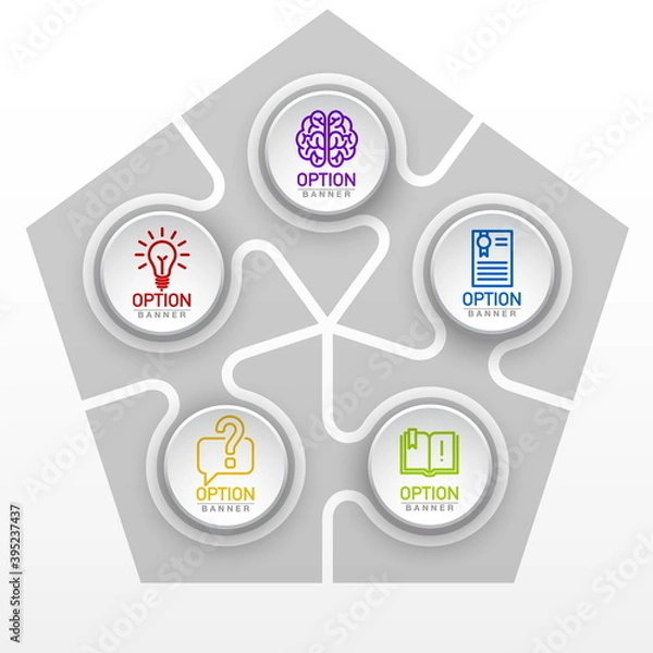 Fototapeta Five pieces flat puzzle round infographic presentation. 5 steps circle business diagram. Five sections compare service banner. 5 pieces jigsaw illustration template shape. Abstract puzzle Background.