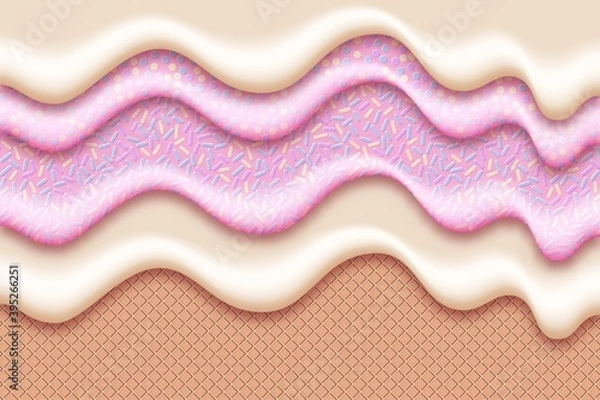 Fototapeta Wafer background with strawberry and vanilla ice cream
