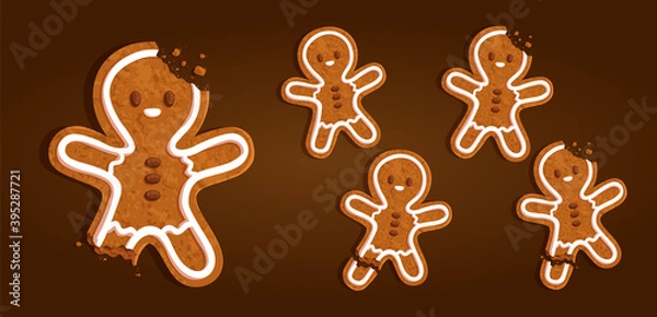 Fototapeta Gingerbread man character cookie set with a torn off leg, bitten head, regular on a brown background, vector illustration