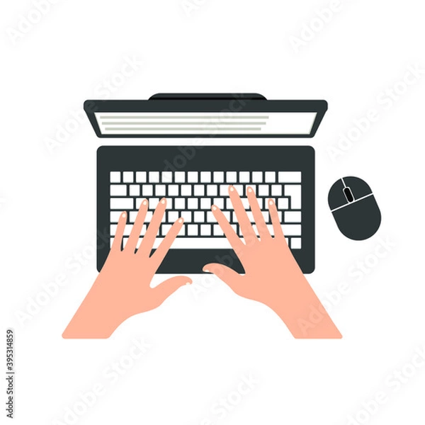 Fototapeta Hands are typing on the laptop keyboard, computer, top view. Vector illustration, flat cartoon color design, isolated on white background, eps 10.