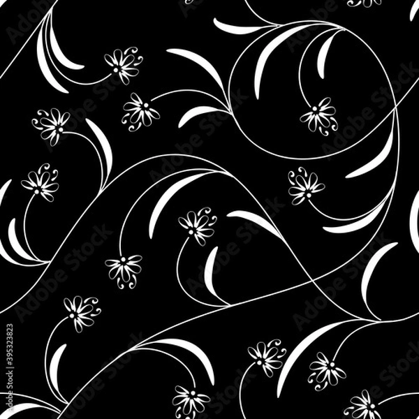 Fototapeta vector black backgrund white flowers waves seamless floral pattern paper cloth design