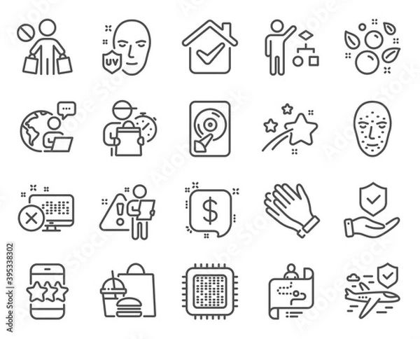 Fototapeta Business icons set. Included icon as Payment message, Algorithm, Cpu processor signs. Journey path, Stop shopping, Star symbols. Reject access, Face biometrics, Hdd. Clean bubbles. Vector