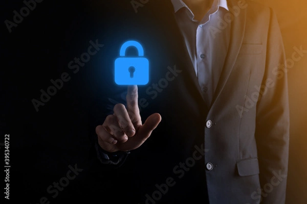 Fototapeta Cyber security network. Padlock icon and internet technology networking. Businessman protecting data personal information on virtual interface. Data protection privacy concept. GDPR. EU