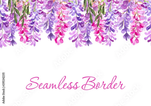 Fototapeta Watercolor illustration. Seamless border of flowers and twigs of wisteria in lilac and pink colors. Seamless pattern for your design.