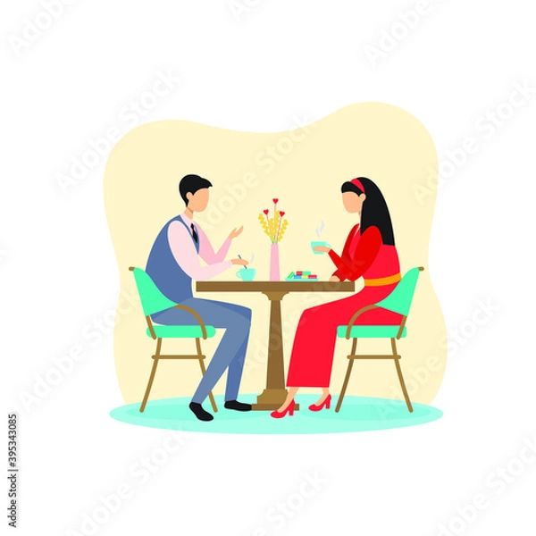 Fototapeta A man and a woman are sitting at a table and drinking tea in a cafe, talking, friends, love. Colored illustration, flat design