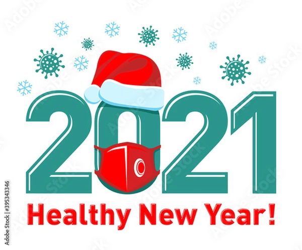 Obraz 2021 Healthy New Year concept Poster or logo with Santa hat and red face mask. Stop flu coronavirus. Vector on transparent background