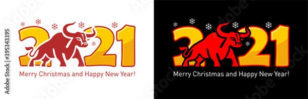Obraz 2021 year Logo design. Chinese new year of ox. Metal ox horoscope sign. New year symbol. Flat vector Ox sign isolated on transparent and black  background