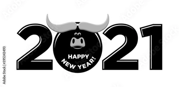 Obraz 2021 year Logo design. Chinese new year of ox. Metal ox horoscope sign. New year funny symbol. Flat vector Ox sign isolated on transparent  background