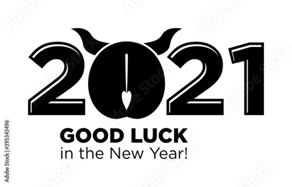 Obraz 2021 wishes of good luck in the New Year. Ox, bull's ass is a funny symbol of the coming year. Vector on transparent background