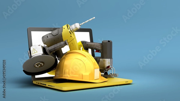 Fototapeta online calculation of construction costs building supplies fly out from laptop with a blank screen 3d render on blue