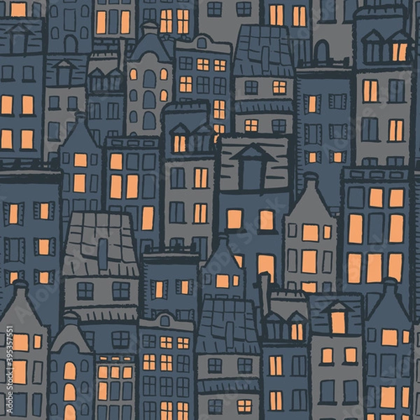 Obraz Vector orange grey blue city dark seamless pattern