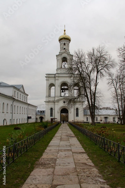 Fototapeta Yuriev monastery, bell tower, Veliky Novgorod, autumn 2020