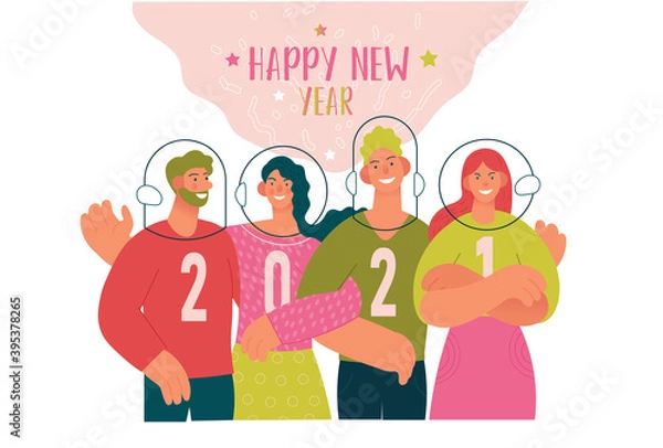 Fototapeta New Year 2021 creative concept illustration. Group of young cute cheerful people in protective helmets and inscriptions 2021 on their t-shirts. Flat cartoon vector illustration.