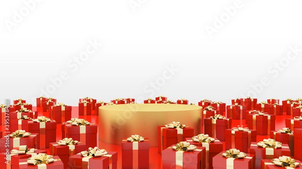 Fototapeta gold Round stage podium on red ground with surrounding red gift box 3d rendering