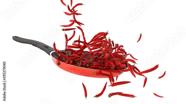 Fototapeta falling red chillis to red pan  white background 3d rendering