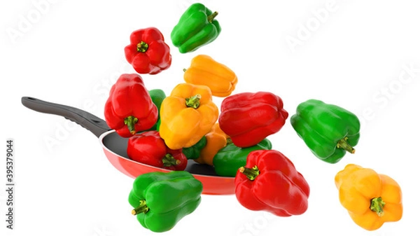 Fototapeta falling bell peppers to red pan  white background 3d rendering