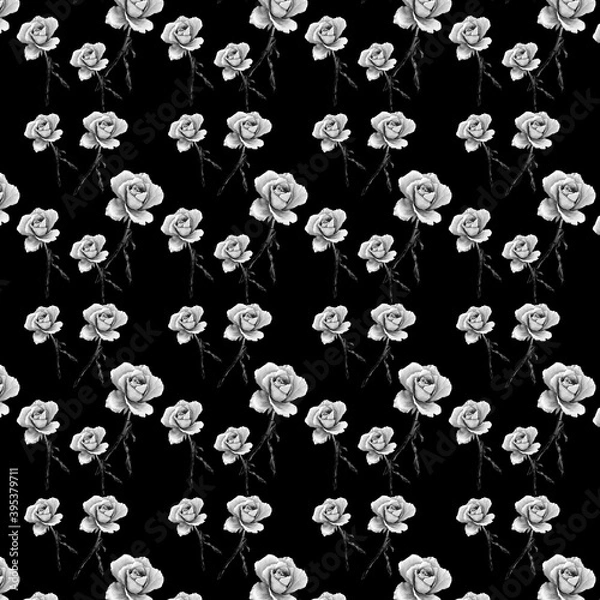 Fototapeta seamless floral pattern of black and white roses on black background, background for cards, invitations, textile or decoration