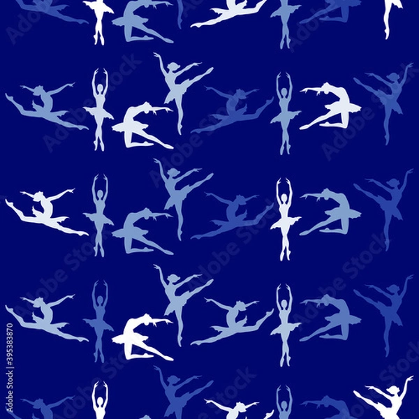 Fototapeta seamless pattern with silhouettes of dancing ballerinas on a blue background