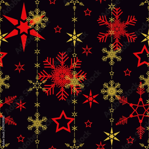 Fototapeta Seamless snowflake pattern for Christmas, New Year gift, wrapping paper, backgrounds. Snowflakes in gold and red color.