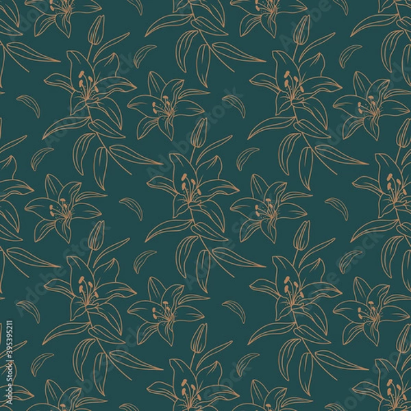 Fototapeta Lily pattern, Modern floral pattern, Elegant golden lilies on a dark green background, drawn in a thin line. Vector seamless flowers pattern