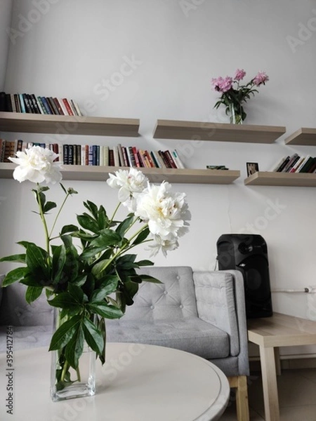 Fototapeta Garden flowers white peonies, blossoming