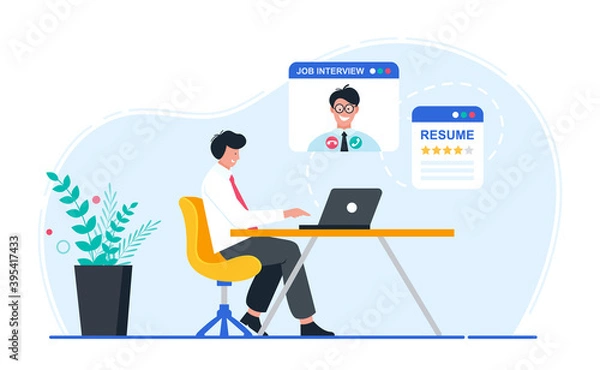 Fototapeta Man on online job interview concept. Vector illustration.