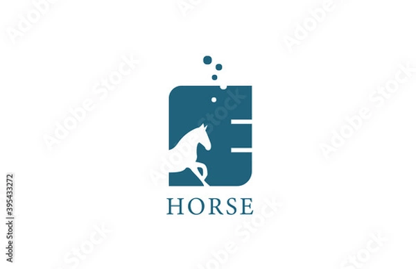 Obraz E blue white horse alphabet letter logo icon with stallion shape inside. Creative design for company and business