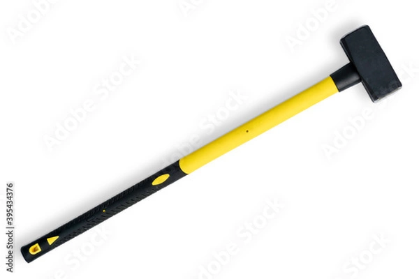 Fototapeta Large yellow sledgehammer from fireman's toolbox isolated on white background. Top view