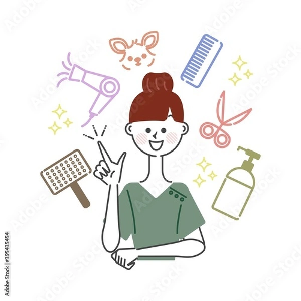 Fototapeta 犬のトリミングをする道具とトリマーの女性