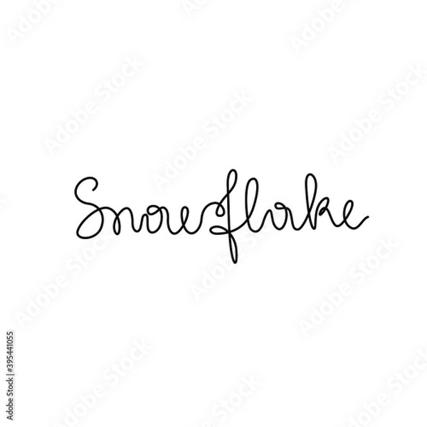 Fototapeta Snowflake inscription, continuous line drawing, hand lettering small tattoo, print for clothes, emblem or logo design, one single line on a white background. Isolated vector illustration.