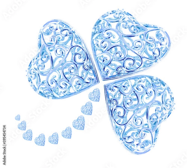 Fototapeta Three-leaf clover made of blue hearts isolated on a white background. Symbol of good luck and wealth.
