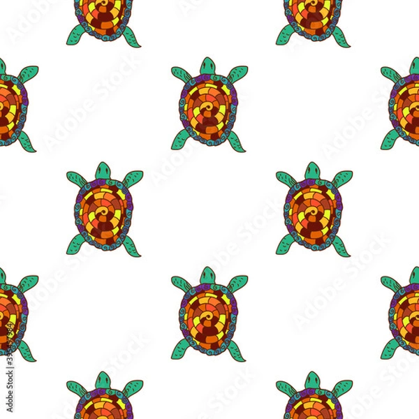 Fototapeta Seamless pattern with colorful turtles, background for postcards, textiles, wallpaper