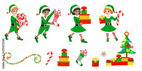 Fototapeta Vector set of happy Christmas elf with gifts, sweets and decorations. Merry Christmas and Happy New Year.