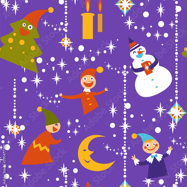 Fototapeta Gnomes and snowman, pine tree and xmas garlands