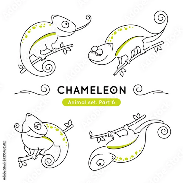 Fototapeta Set of doodle chameleons in various poses. Collection of cute characters isolated.